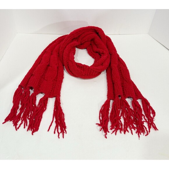 Handmade Women Scarf Knitted Elastic-Braids Red Crochet Fringe Cowl Warm Neck - Picture 6 of 11